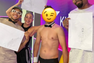 Behind-the-scenes photo from the Butlers in the Buff feature on Kiss FM radio