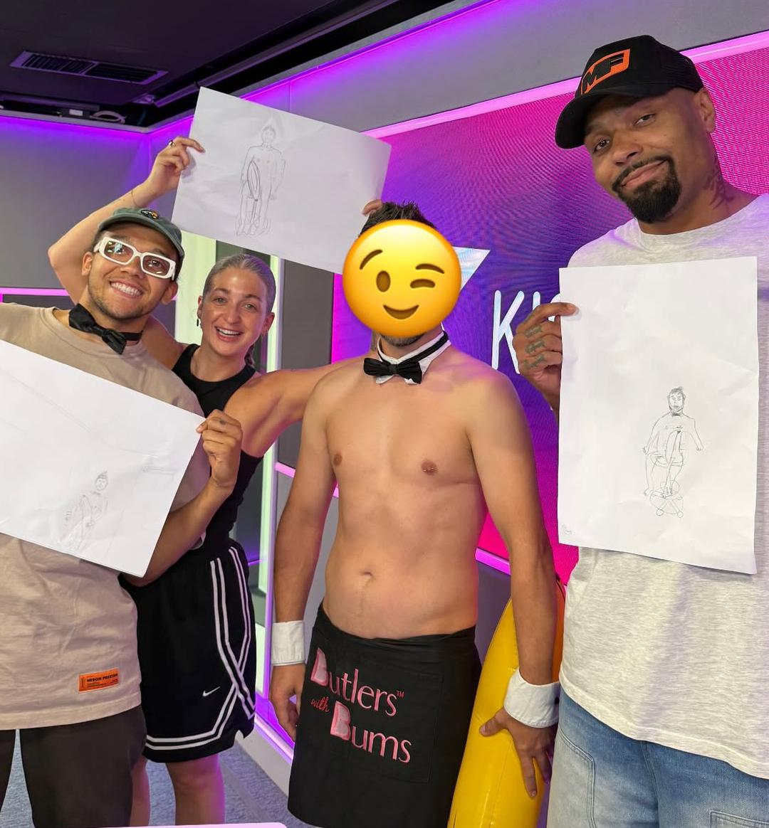Behind-the-scenes photo from the Butlers in the Buff feature on Kiss FM radio