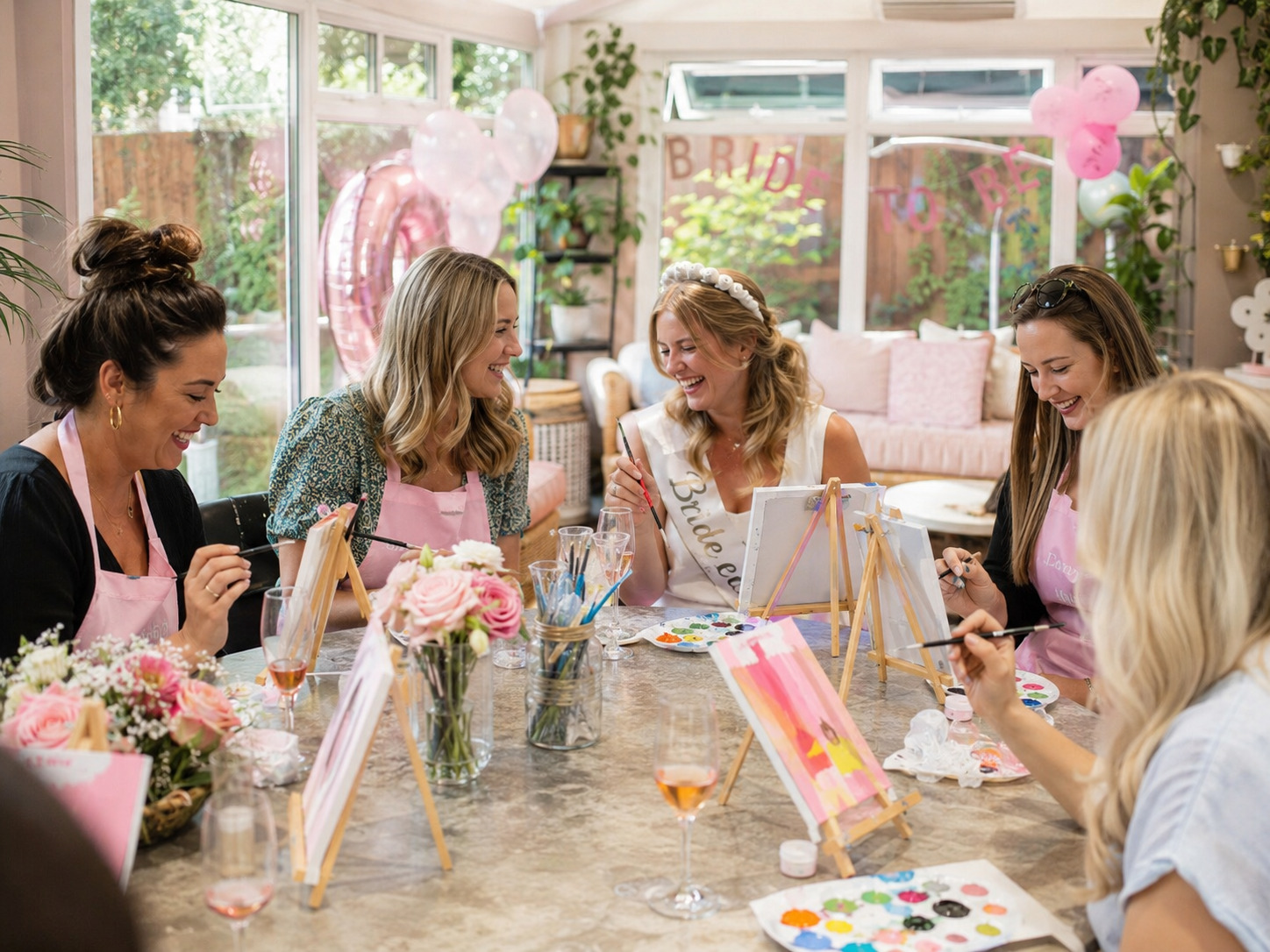 Bride-to-be and guests at a Butlers in the Buff sip and paint hen party with canvases, drinks and creative entertainment.