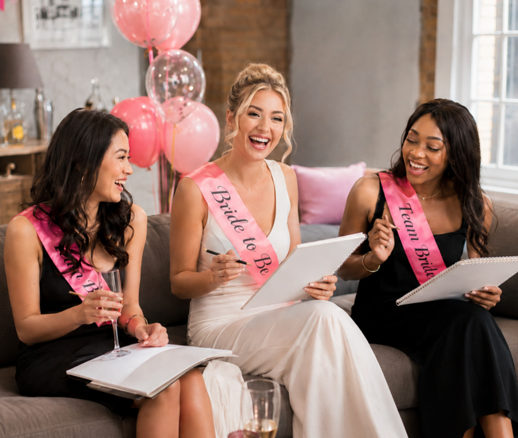 Bride-to-be and hen party guests laughing while sketching during a life drawing session at a private celebration.