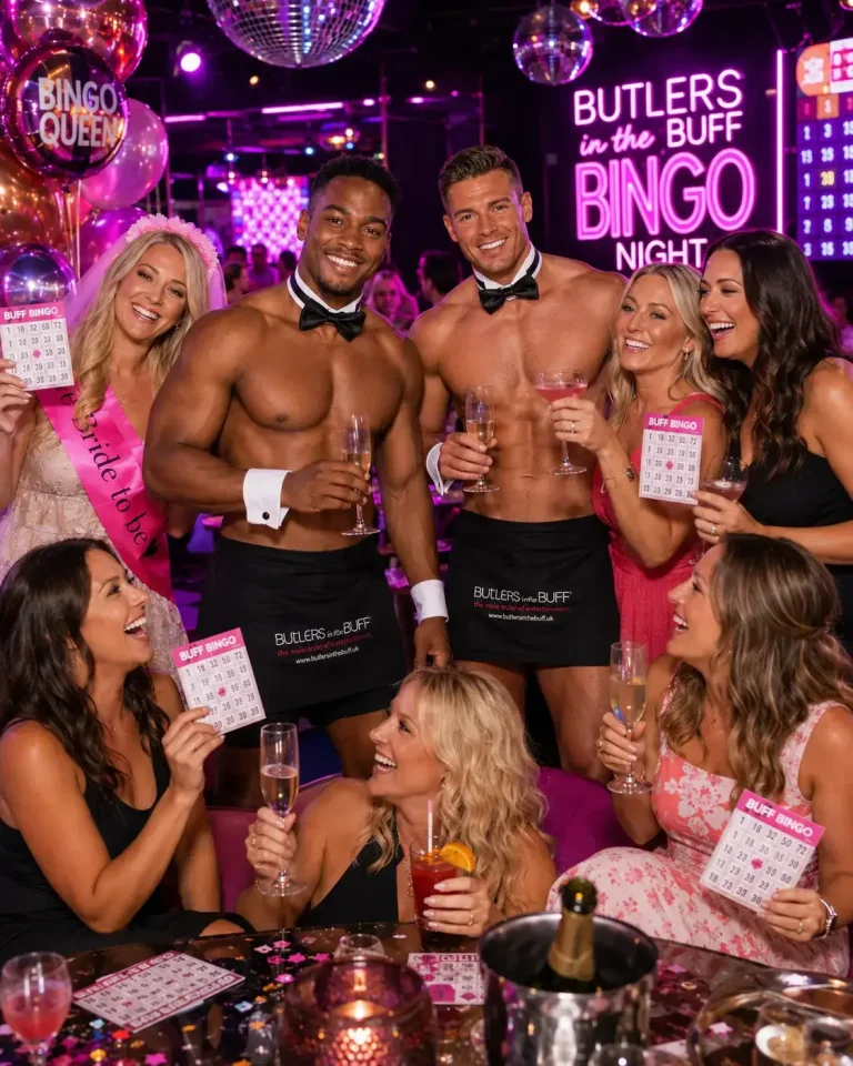 Butlers in the Buff entertaining guests at a bingo night
