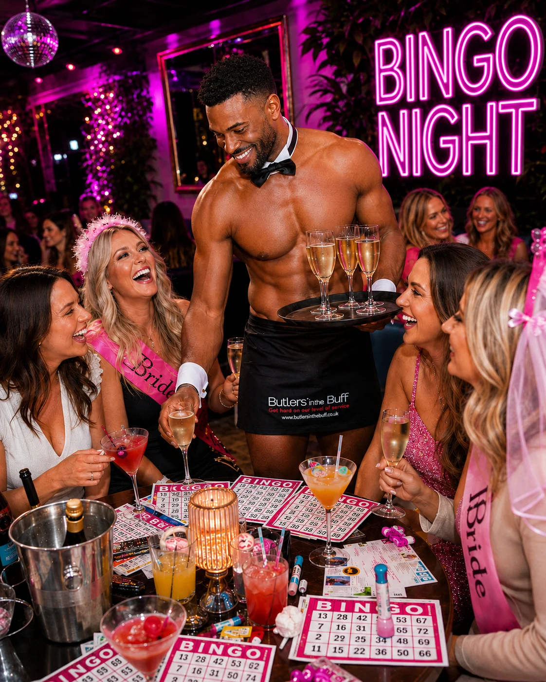 Butler in the Buff serving drinks at a bingo night hen party